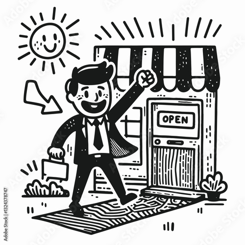 Cheerful Businessman Illustration Celebrating Shop Opening