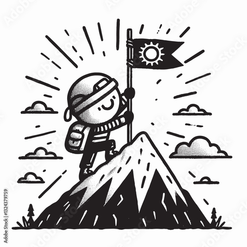 Adventure Cartoon Climber Reaches Mountain Peak in Black and White Line Art Illustration