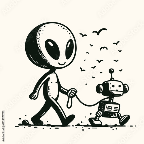 Alien Walking Robot on a Leash - Black and White Whimsical Illustration