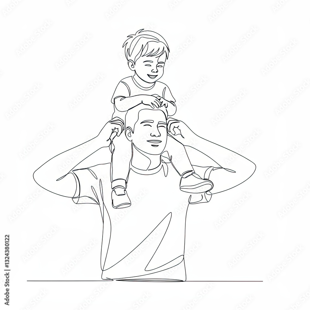 Happy father carrying his smiling son on his shoulders in a continuous line drawing Happy father carrying his smiling son on his shoulders in a continuous line drawing