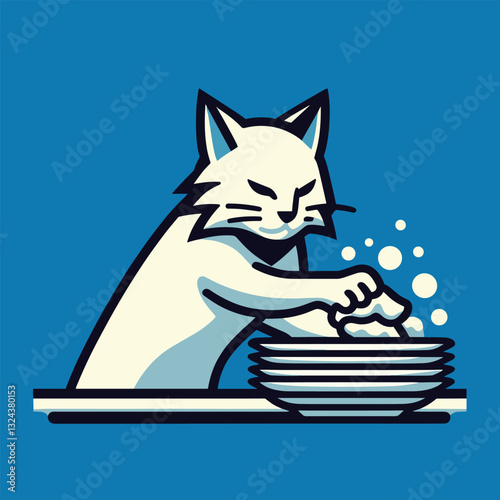 Cat Washing Dishes - Playful Cartoon Line Art Illustration