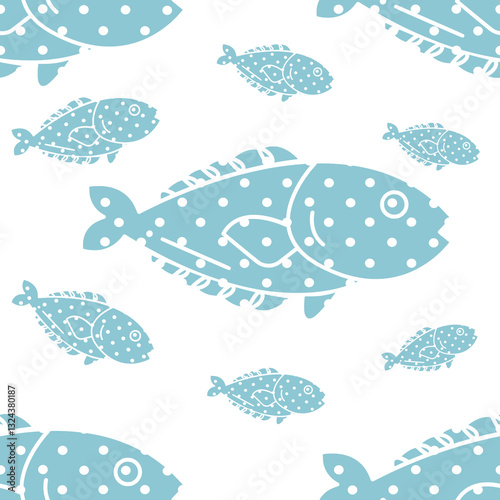 Blue  fish with white circles on a white background pattern	
