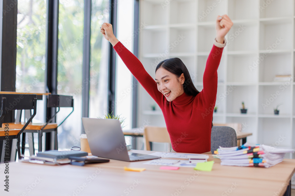 Happy excited asian business woman working in office with mobile phone laptop,success great job business concept.. Happy excited asian business woman working in office with mobile phone laptop,success great job business concept..