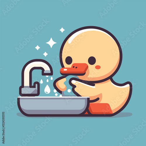 Cute Cartoon Duck Washing Hands Beside Sink with Sparkling Water Drops - Flat Illustration