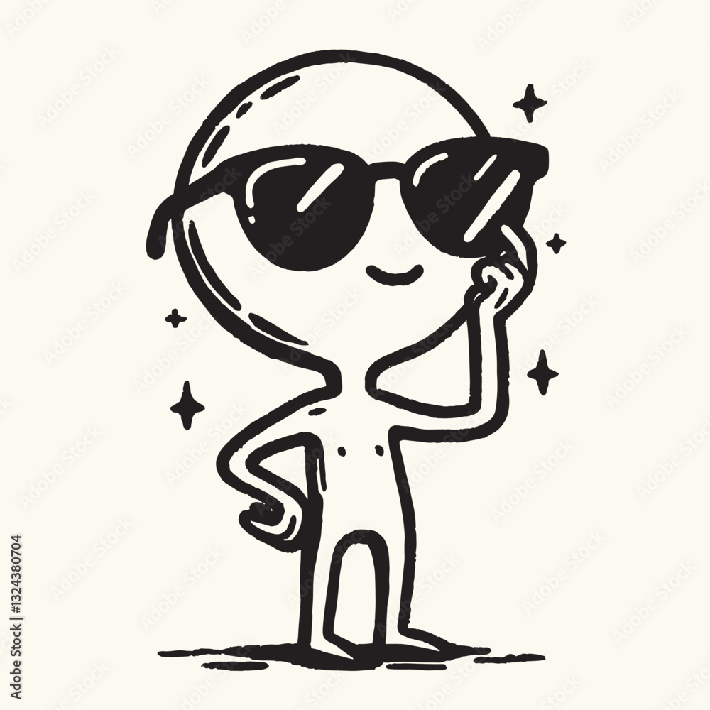Obraz premium Cool Cartoon Character in Sunglasses with Confident Pose - Black and White Line Art Illustration