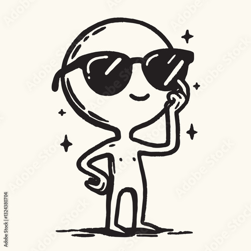 Cool Cartoon Character in Sunglasses with Confident Pose - Black and White Line Art Illustration
