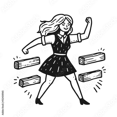 Empowered Girl Breaking Wood Planks - Black and White Vector Art