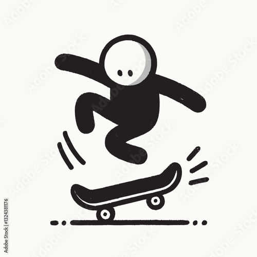 Minimalist Stick Figure Skateboarding Trick - Black and White Line Art