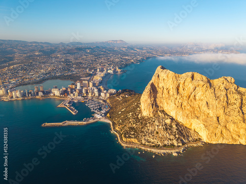 Aerial view of Calpe, Spain with Peñón de Ifach and Mediterranean coast.