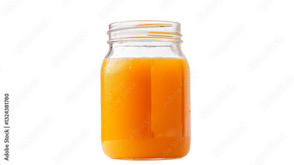 Refreshing orange juice in a glass jar with condensation on transparent background Refreshing orange juice in a glass jar with condensation on transparent background