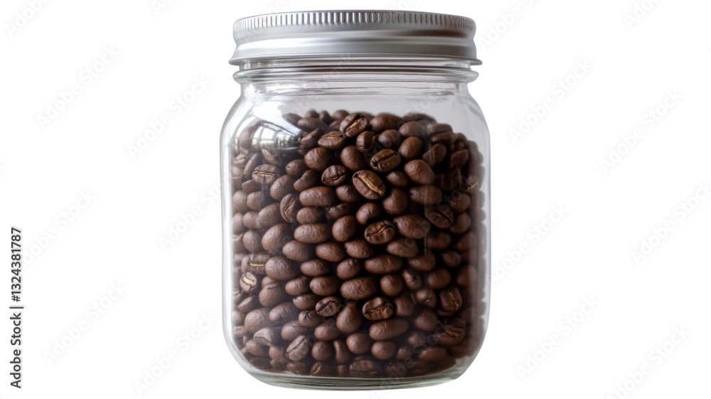 Roasted coffee beans filling transparent glass jar with metal lid on transparent background Roasted coffee beans filling transparent glass jar with metal lid on transparent background
