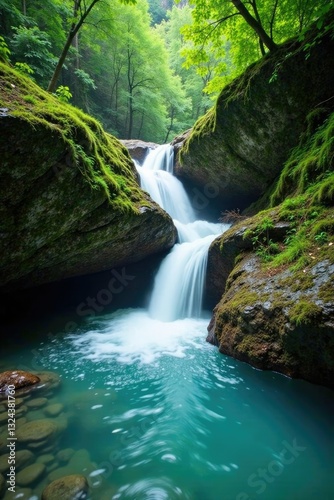 Turquoise water cascading over moss-covered stones, alpine, jungle