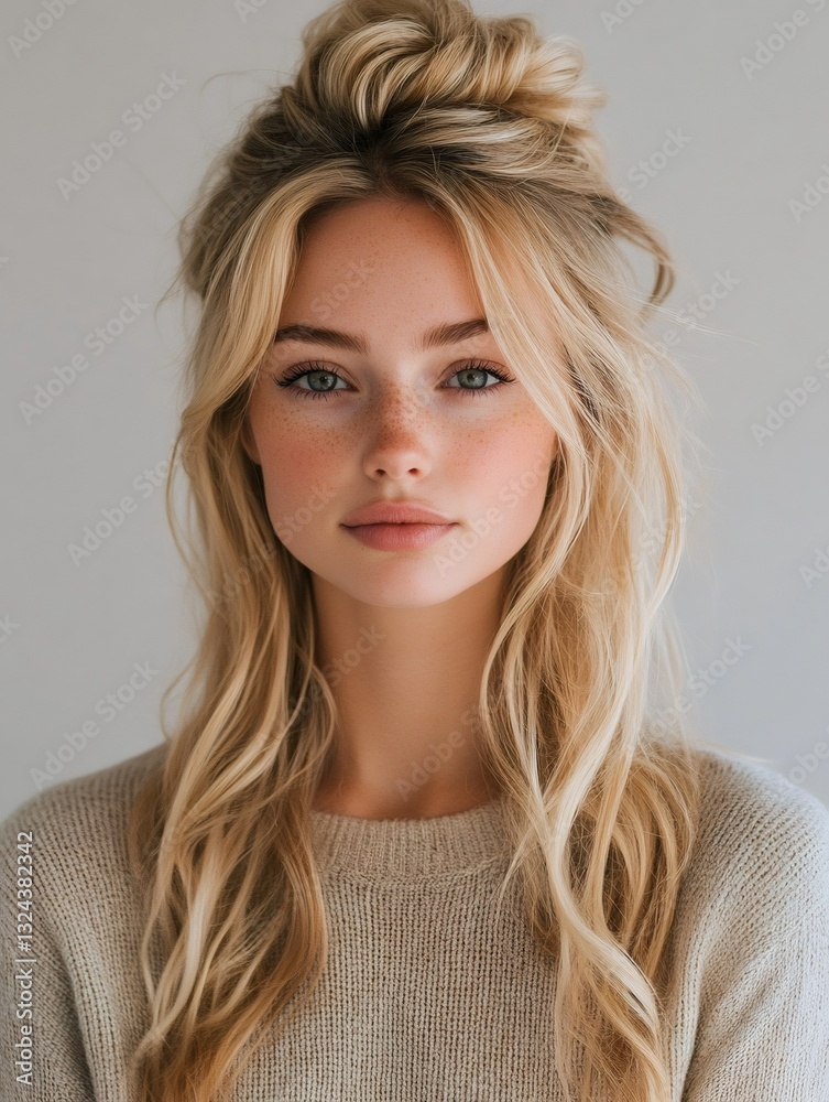 Naklejka premium Blonde woman with freckles and casual hairstyle posing in studio