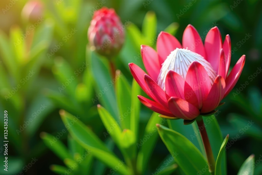Bright pink protea flower blooms in a lush garden, bright pink, protea, flowers Bright pink protea flower blooms in a lush garden, bright pink, protea, flowers