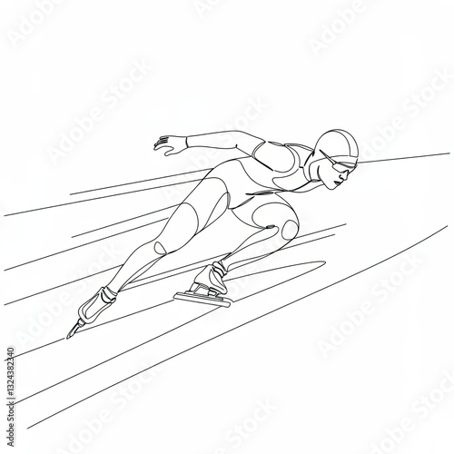 Continuous line drawing of speed skater competing in ice rink, minimalist vector illustration photo