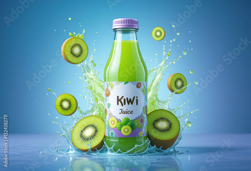 Bottle of fresh kiwi juice with kiwi slices and juice splashes. Generation AI
