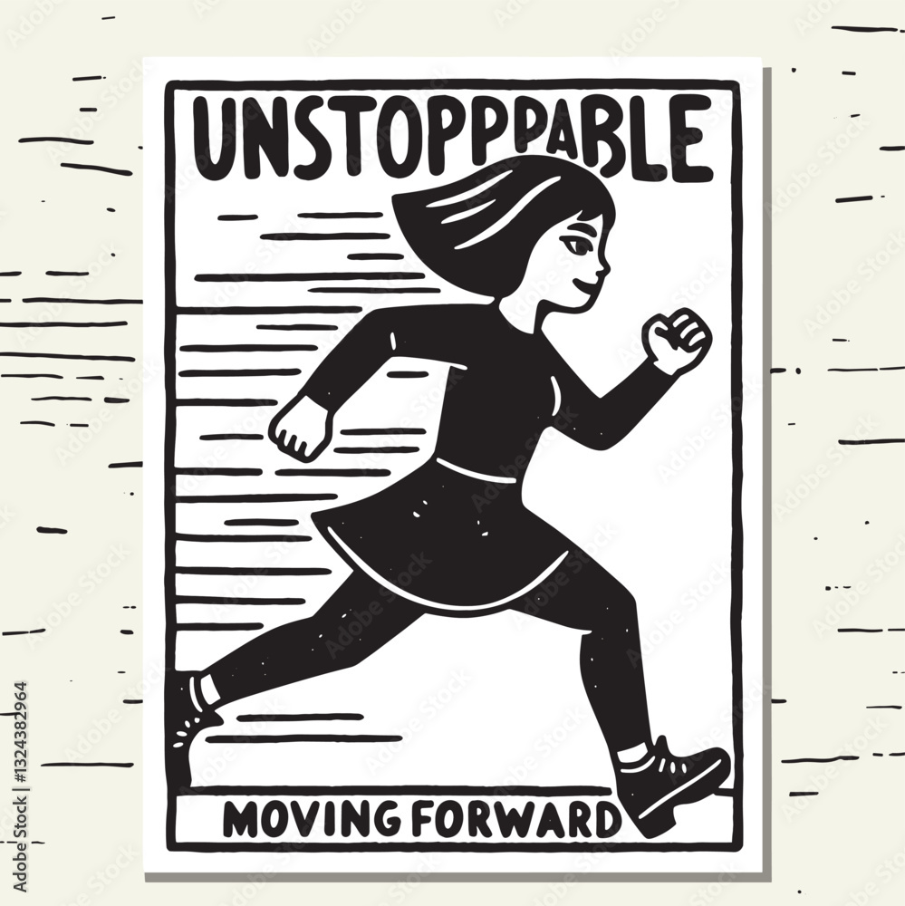 Obraz premium Unstoppable Woman Running Forward - Bold Black and White Illustration