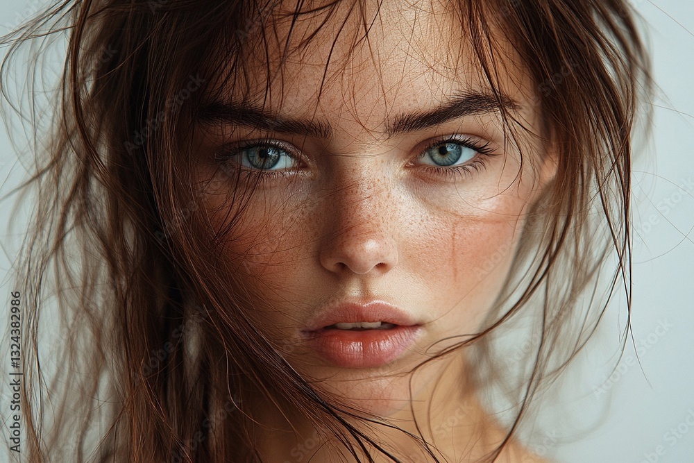 Portrait of a young woman with striking blue eyes and natural beauty illuminated by soft lighting Portrait of a young woman with striking blue eyes and natural beauty illuminated by soft lighting
