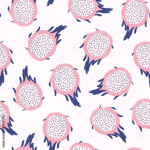 Abstract dragon fruit, dotted doodle seamless pattern. Tropical fruits background. Vector illustration for kitchen wallpaper, health care products, fabric, textile design