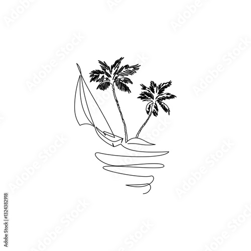 One line drawing tropical oasis island concept. Abstract landscape continuous art with mountains, sea, coconut palm tree, yacht. Vector illustration for minimal poster, template, home decor print