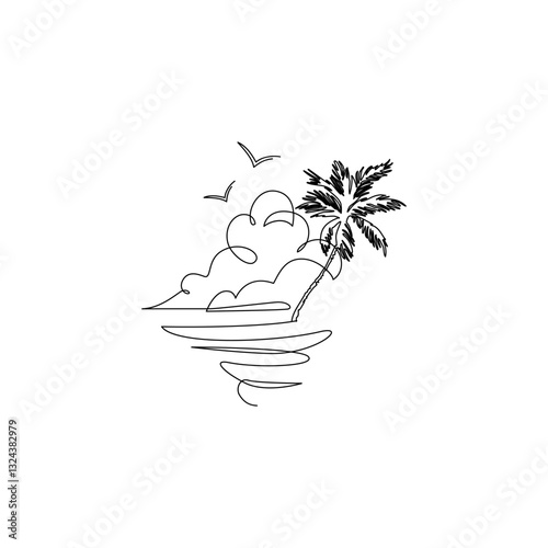 One line drawing tropical oasis island, paradise concept. Abstract coconut palm tree, clouds, birds, waves landscape continuous art. Vector illustration for minimal poster, template, print, background