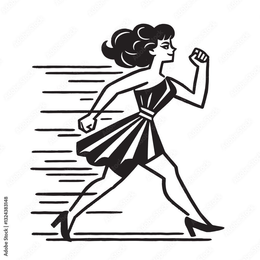 Retro Woman in Motion Dynamic Black and White Line Art Illustration Retro Woman in Motion Dynamic Black and White Line Art Illustration