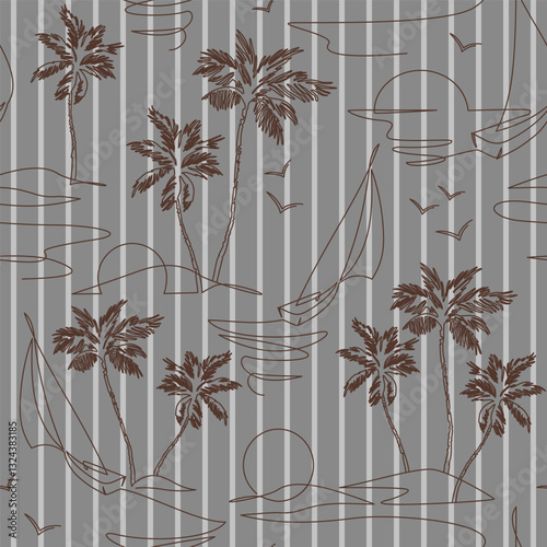 One line drawing tropical oasis island seamless pattern. Abstract sunset, mountains, coconut palm tree landscape continuous art. Vector illustration for minimal fabric, print, background