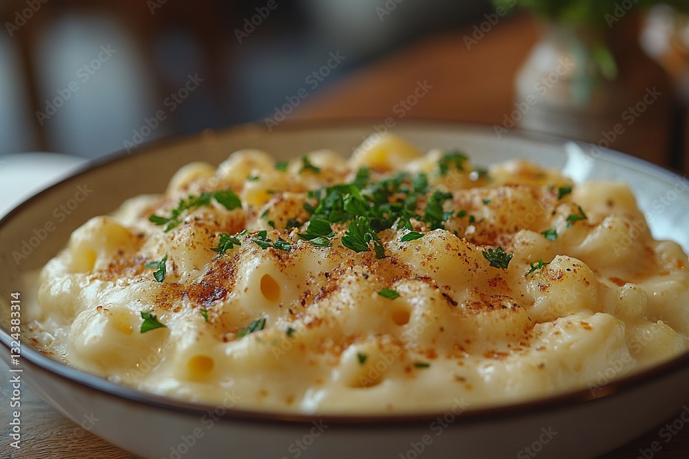 Creamy macaroni and cheese topped with parsley and spices in a cozy setting Creamy macaroni and cheese topped with parsley and spices in a cozy setting