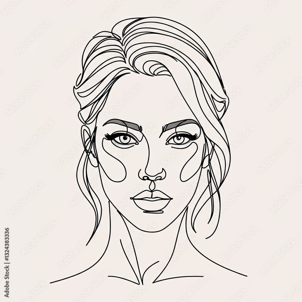 Continuous line drawing representing a woman with elegant hairstyle and a thoughtful expression Continuous line drawing representing a woman with elegant hairstyle and a thoughtful expression
