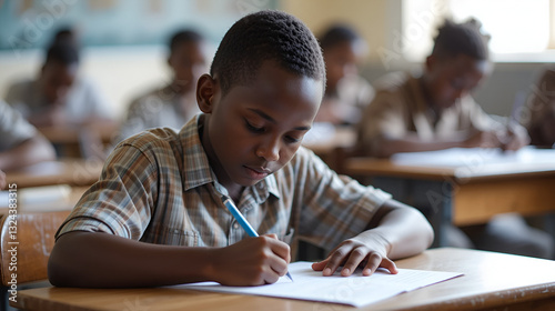 Little african boy writing in classroom during test