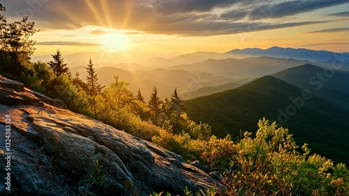 Majestic Mountain Sunset: A breathtaking view of the Appalachian Mountains bathed in the golden light of a setting sun, showcasing nature's splendor.