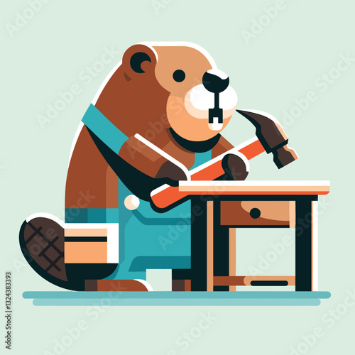 Beaver Carpenter Working on Wooden Project - Flat Illustration