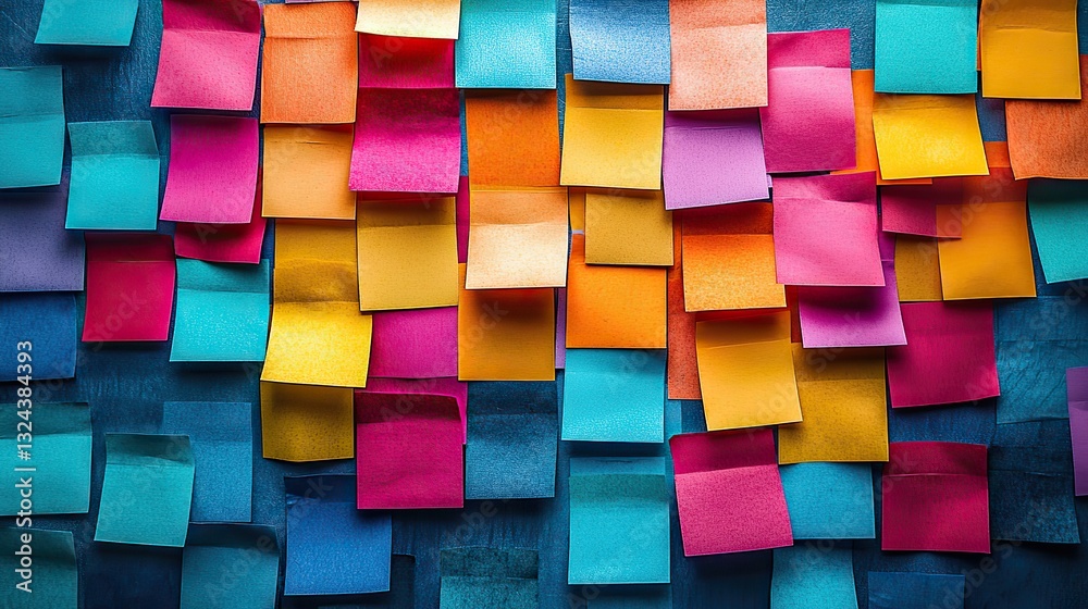 Colorful sticky notes, chaotically arranged on a blue background, symbolize multitasking stress and time management in a busy workplace.