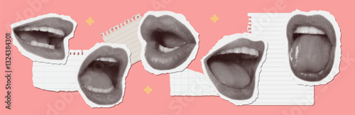 Set of halftone collage mouths and lips in retro colors with of torn out piece of paper different shapes. Paper cut elements, pop art style. Vector