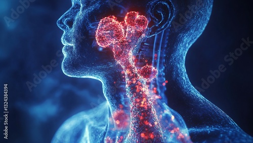 An illustration of the human head and neck, focusing on an area where cancer has formed in one