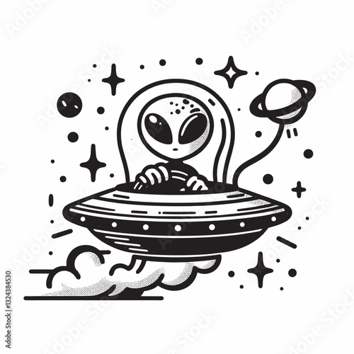 Retro Alien in Spaceship with Stars - Black and White Cartoon Illustration