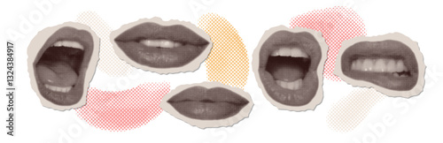 Collage mouth set with dotted abstract elements. Halftone lips for banner, graphic, poster. Vector set of scream, smile, open mouth, lip biting. Texture vector elements on transparent background.