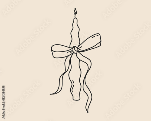 Hand drawn coquette candle with bow. Line art doodle sketch for Christmas, birthday, wedding design template. Vector outline illustration