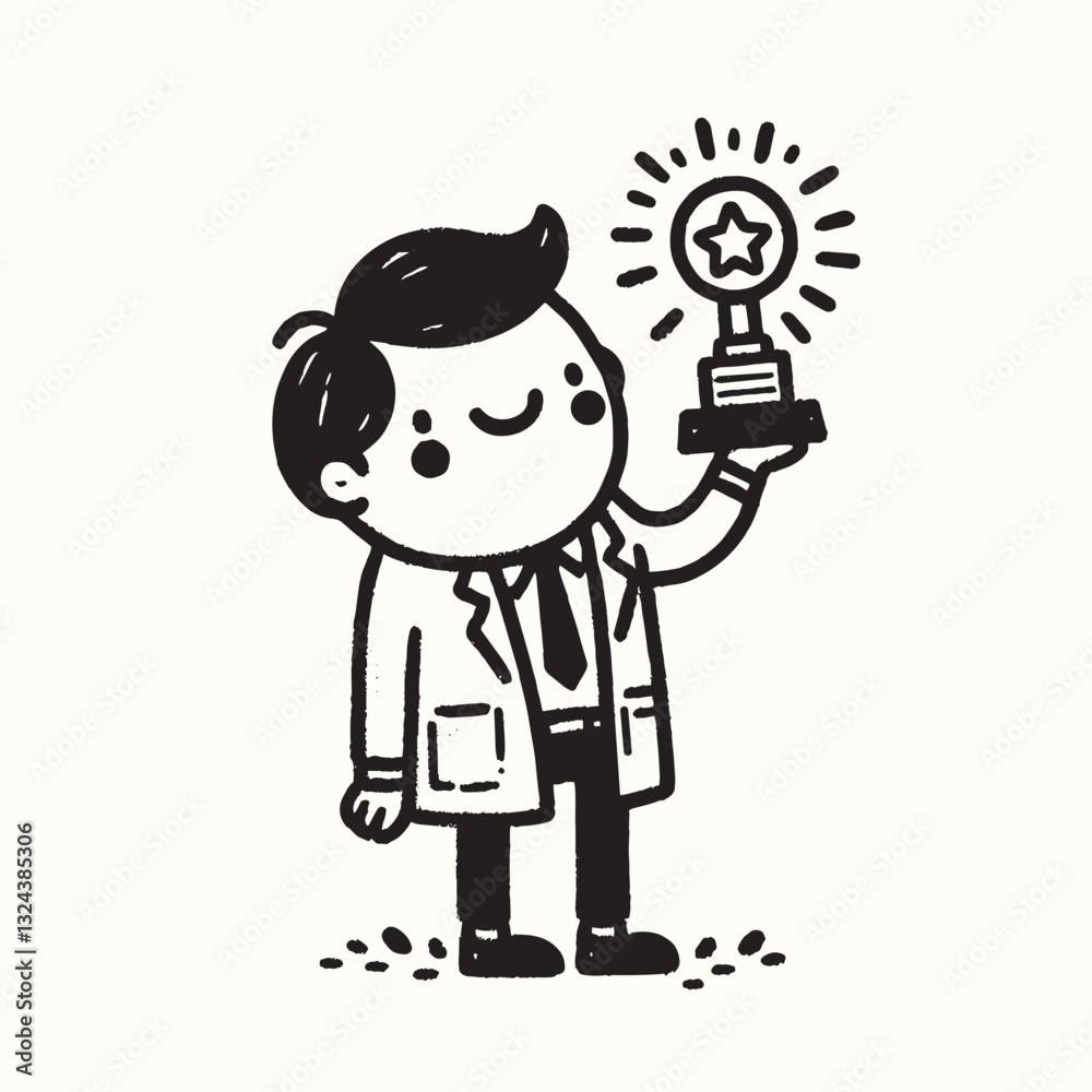 Cute Character Holding Award Trophy - Black and White Cartoon Illustration Cute Character Holding Award Trophy - Black and White Cartoon Illustration