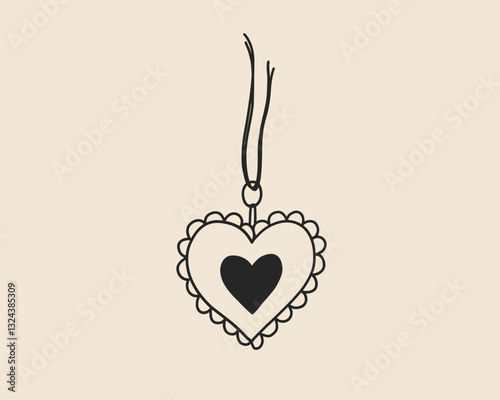 Line art heart shape pendant isolated. Coquette whimsical hand drawn necklace jewelry doodle sketch. Vector outline illustration