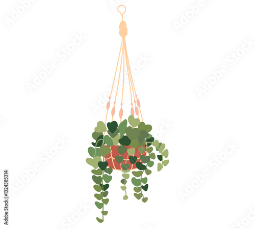 Macrame plant pot. Hanging house flowerpot. Green garden home interior houseplant. Vector illustration flat