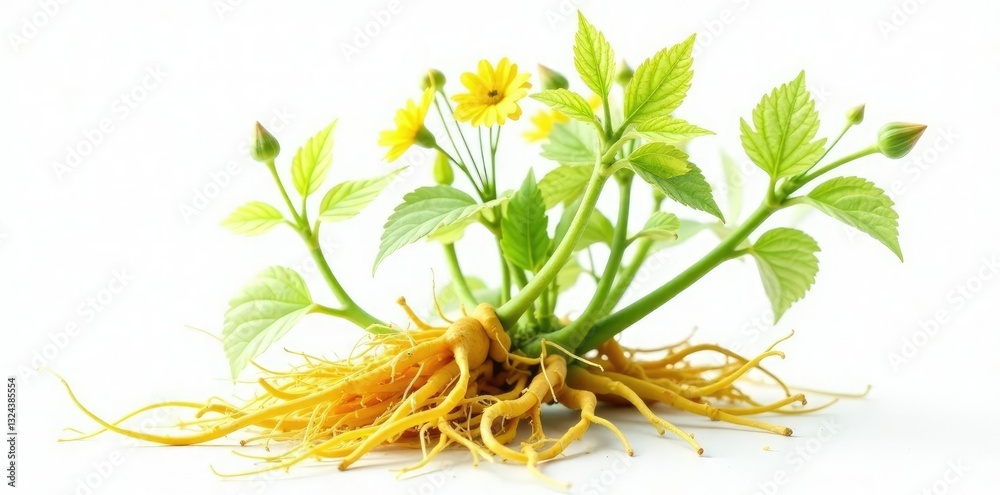 Fototapeta premium Yellow dock plant with yellow roots on a white background, botanical, medicinal plants
