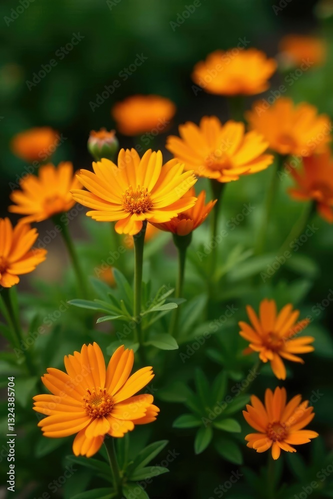 Bright orange flowers on a mound of green foliage, garden, blooms Bright orange flowers on a mound of green foliage, garden, blooms