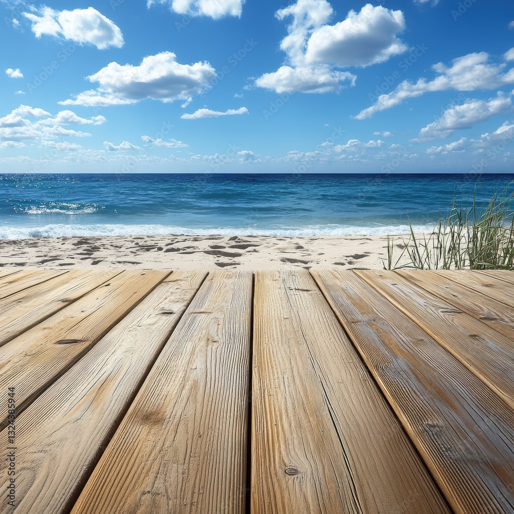 Fototapeta premium Relaxing view from a wooden deck overlooking a tranquil beach on a sunny day with white clouds and clear blue water