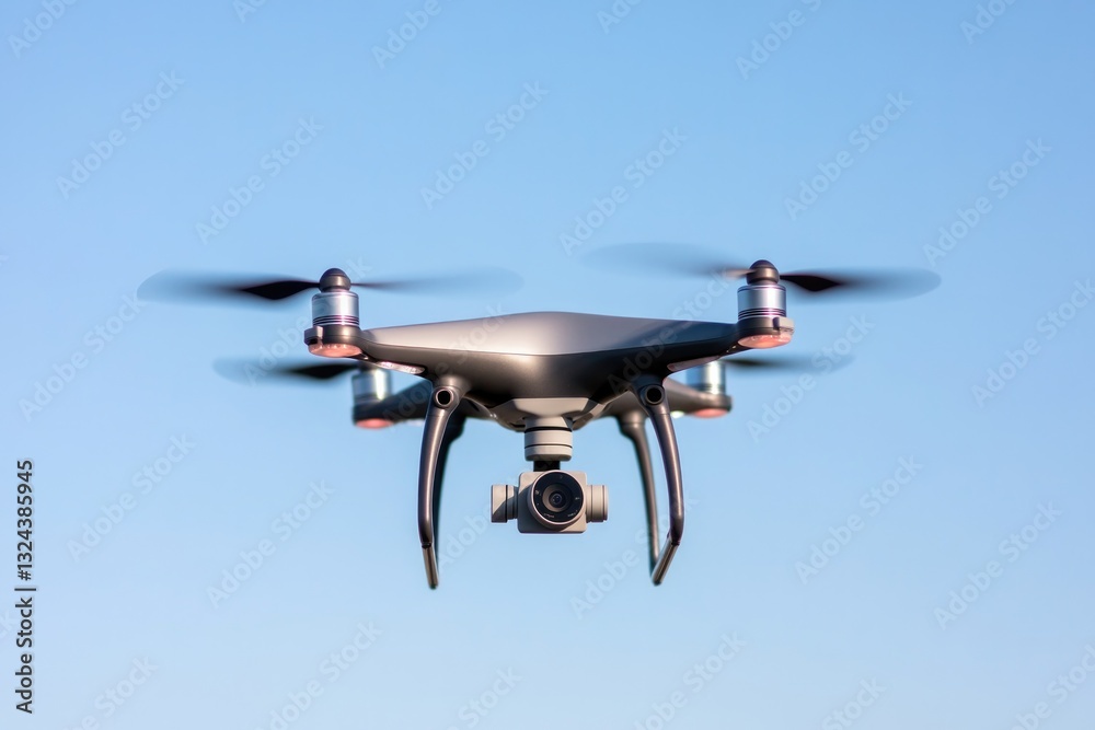 sleek drone hovers mid-air against clear blue sky capturing expansive views below and leaving ample copy space around sleek drone hovers mid-air against clear blue sky capturing expansive views below and leaving ample copy space around