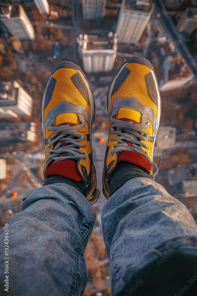 Daring perspective of yellow sneakers as man looks down from skyscraper, capturing urban adventure and height-induced adrenaline rush