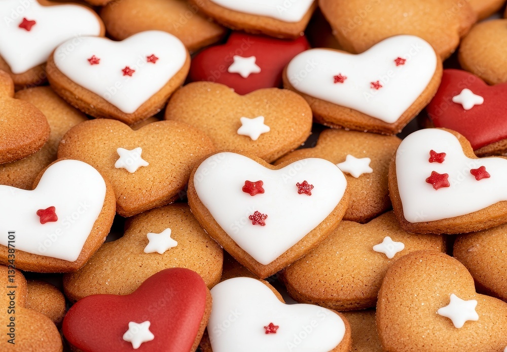 Fototapeta premium Heart Shaped Cookies with Red and White Icing and Sprinkles