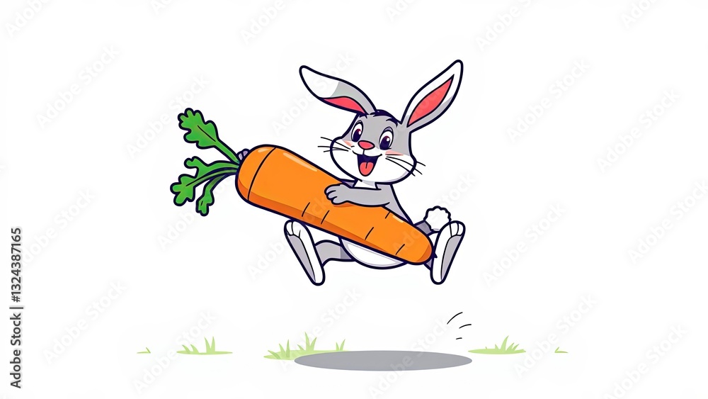 A cute contented cheerful bunny runs skipping carrying a huge carrot in his paws on a white background A cute contented cheerful bunny runs skipping carrying a huge carrot in his paws on a white background
