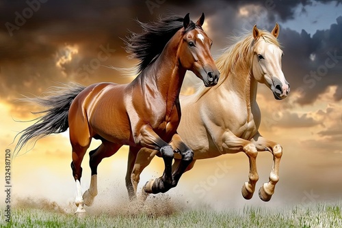 On a field, a red and palomino horse with a long blond mane moves gracefully