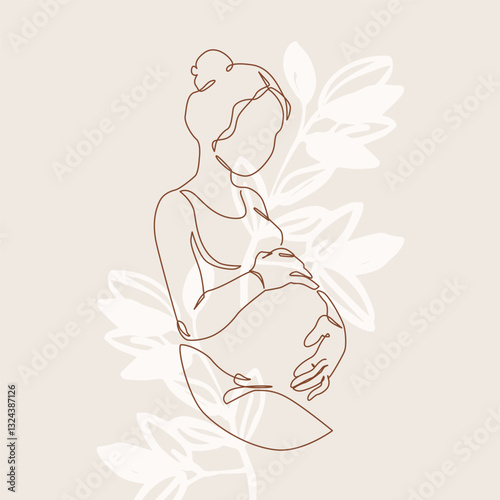 Pregnant woman silhouette on floral background. Pregnancy concept in one line art style. Abstract pregnant woman, maternal care, baby, mother, gynecology, health concept. Vector illustration